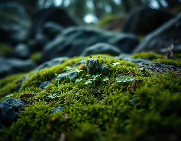 a moss covered rock with a blurry background