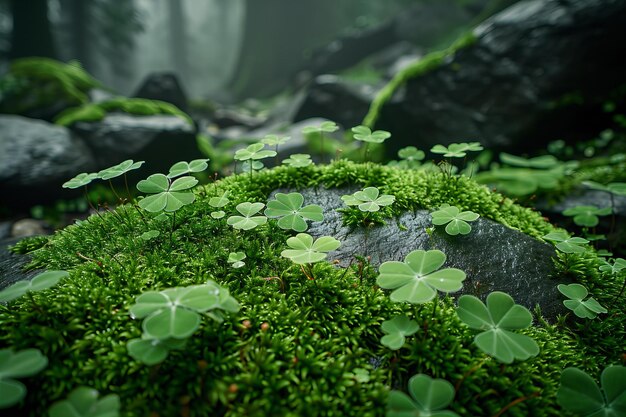 Photo a moss covered rock with clovers on it