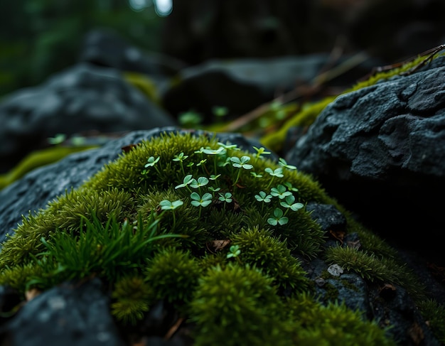 a moss covered rock with a few small green plants growing on it