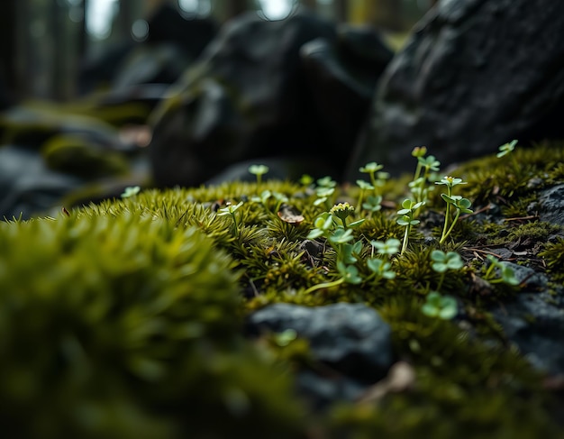 a moss covered rock with a small plant growing out of it