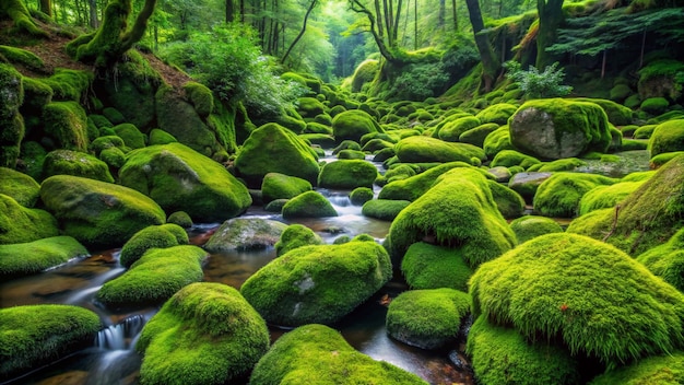 a moss covered rock with a stream running through it