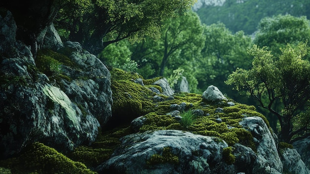 a moss covered rock with a tree in the background