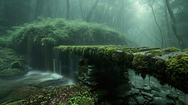 Photo a moss covered stone wall with a waterfall in the background