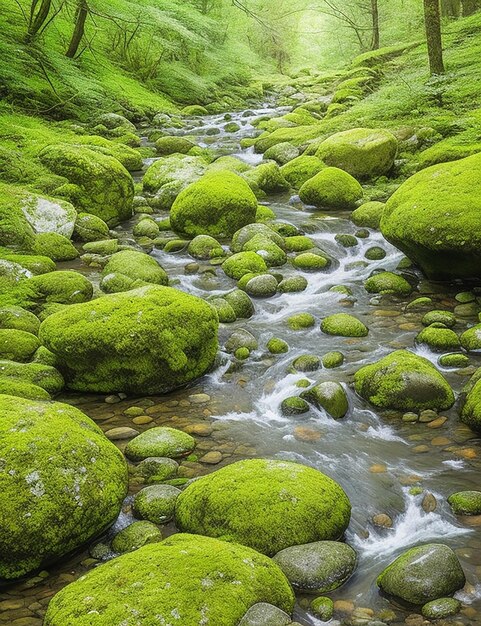 Moss covered stones in a mountain stream