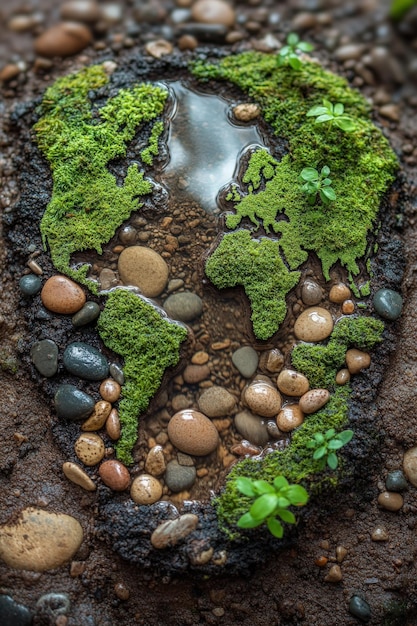 Moss and pebbles form a detailed map of Earth in a small water pool showcasing natures beauty