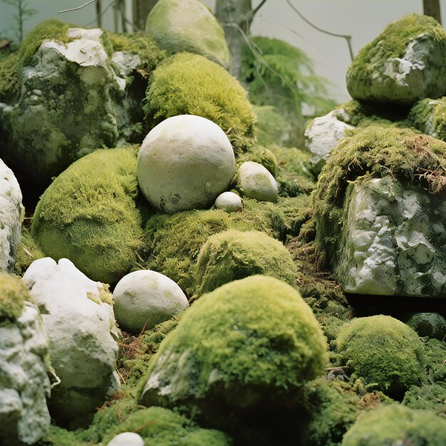 Moss and stones in the garden closeup of photo