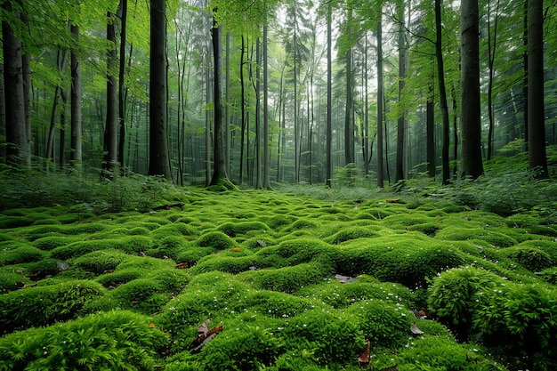 Mosscovered forest floor with trees standing tall and dense creating an immersive green backdrop