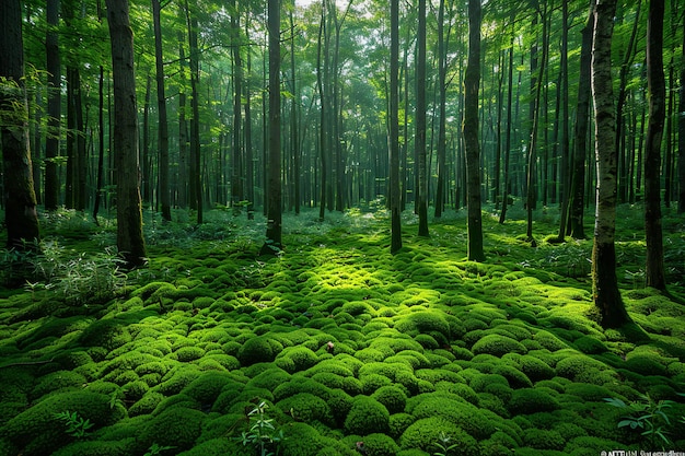 Mosscovered forest floor with trees standing tall and dense creating an immersive green backdrop