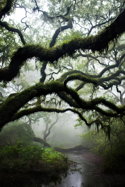 Mosscovered oak canopy hanging over a fogcovered swamp