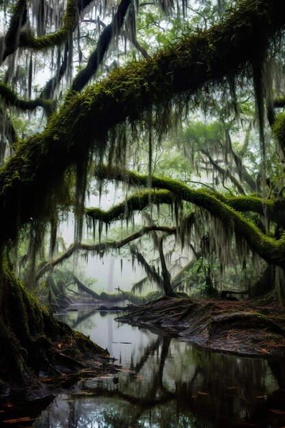 Mosscovered oak canopy hanging over a fogcovered swamp