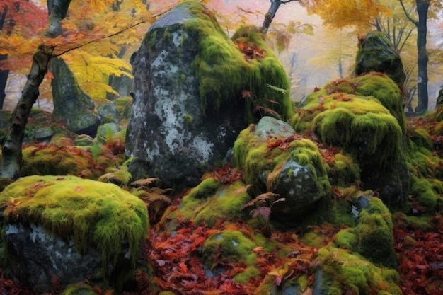 Mosscovered rocks among vibrant autumn foliage created with generative ai