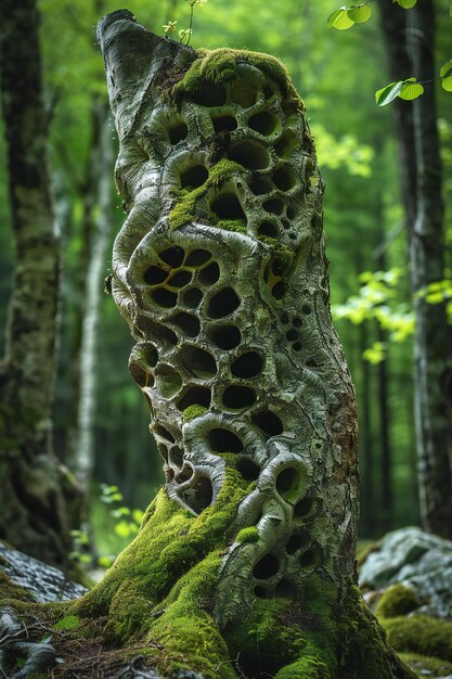 Mosscovered tree trunk in forest roots forming intricate pattern green hues contrast with foliage