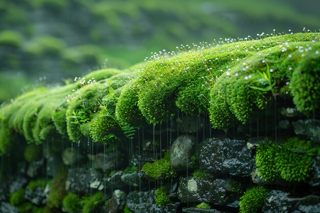 Photo mosses on a stone wall with water drops