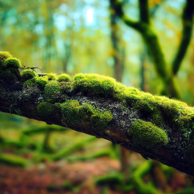 Mossy branch with blurred forest in background