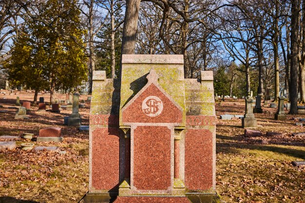 Mossy Gothic Tombstone in Autumn Cemetery EyeLevel View