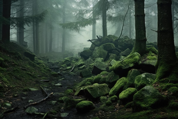 Mossy grass and fog in a forest