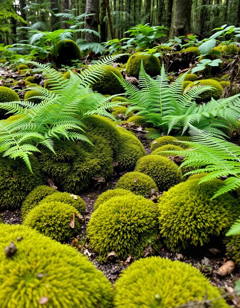 Mossy ground with ferns and greenery in a forest perfect for product display