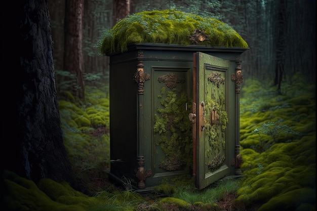 Mossy old wooden cupboard in forest created with generative ai