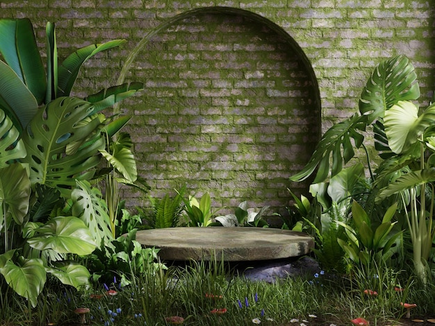 Mossy podium in tropical forest for product presentation and wall moss background