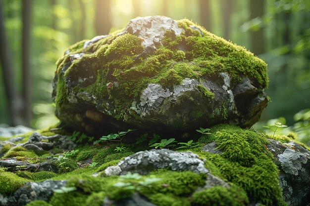 Mossy rock in a forest in a closeup a green natural background a macro shot