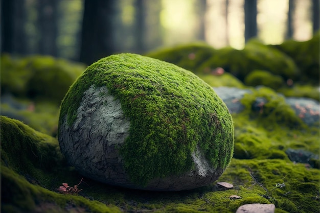 A mossy rock in the forest with a green mossy surface Selective focus