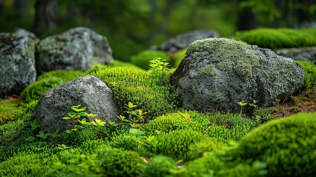 mossy rocks and moss in a forest