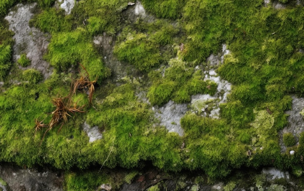 A mossy wall with a small red crab on it.