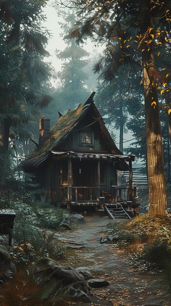 A mossy wooden cabin nestled in a misty overgrown forest path