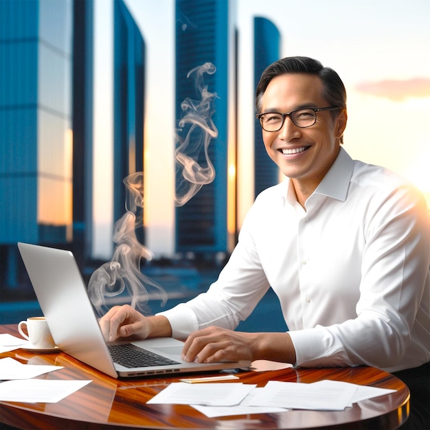 most handsome business man sitting on table with using computer and smiling