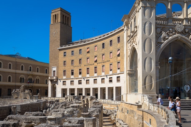 The most important Square in Lecce, Piazza Sant'Oronzo, visited by tourists during a sunny day of August 2017