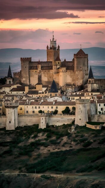 Photo most impressive medieval castles and towns of spain castile la mancha provice almansa panoram