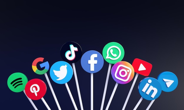 Most popular 3d social media icons and logos for social media marketing with copy space