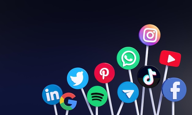 Most popular 3d social media icons and logos for social media marketing with copy space