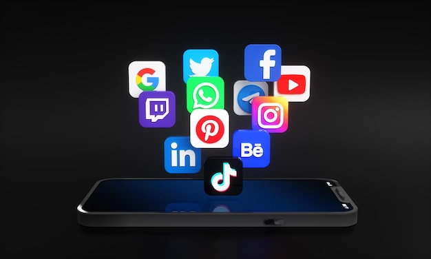 Most popular social media icons and logos on mobile phone screen background with copy space for te