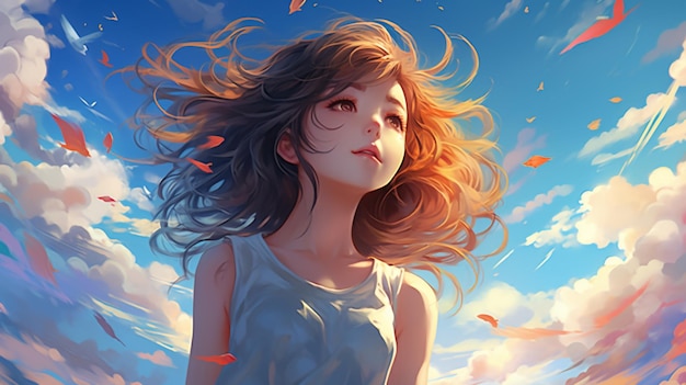 Most wonderful anime girl colorful sky looking painting picture AI generated art