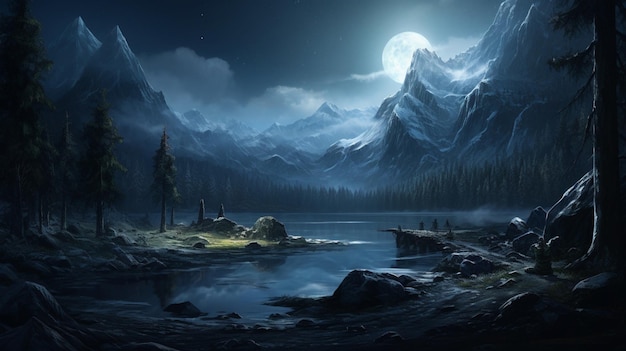 Most wonderful moonlight lake fantasy wallpaper image AI generated art