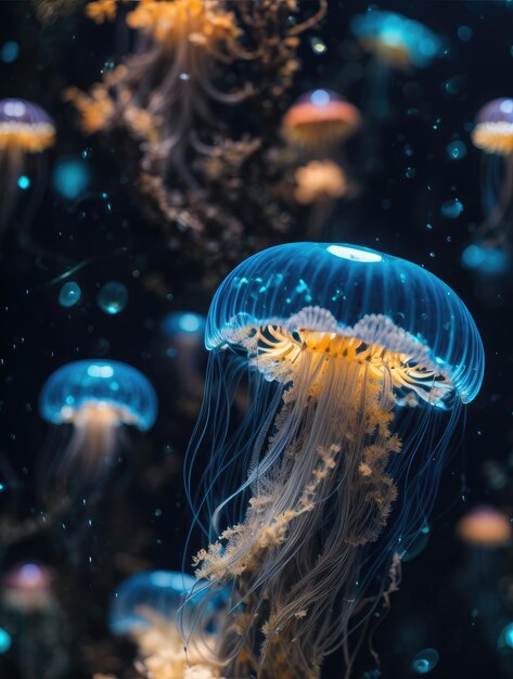 mostly blurred jellyfish on dark blue background selective focus