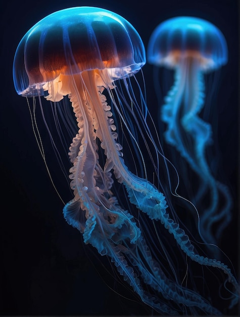 mostly blurred jellyfish on dark blue background selective focus