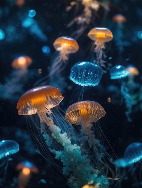 mostly blurred jellyfish on dark blue background selective focus