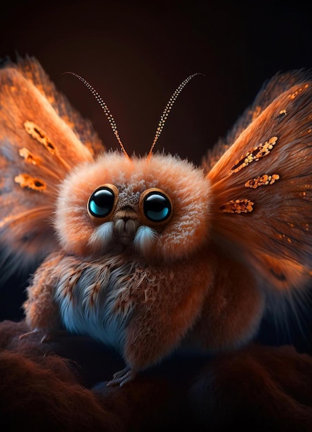 A moth with big eyes is on a dark background.