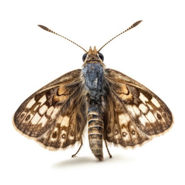 A moth with a brown and black pattern on its wings is shown on a white background.