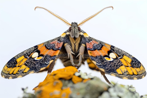 Photo a moth with a yellow and orange pattern is sitting on a rock