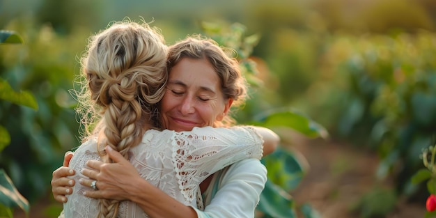 Photo mother and adult daughter sharing a heartfelt embrace in the garden concept family bonding heartfelt moments garden embrace