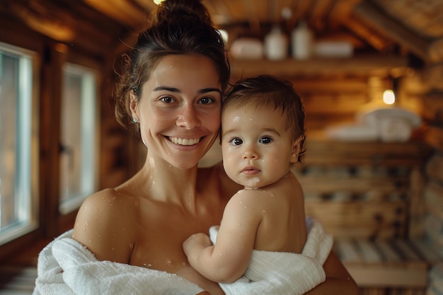 Photo mother and baby after a relaxing bath