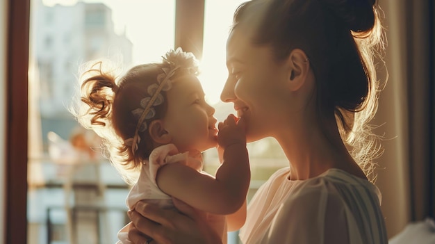 a mother and baby are looking at the camera