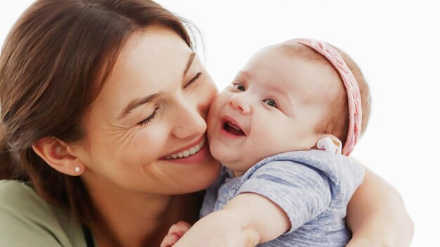 a mother and baby are smiling and holding their heads together