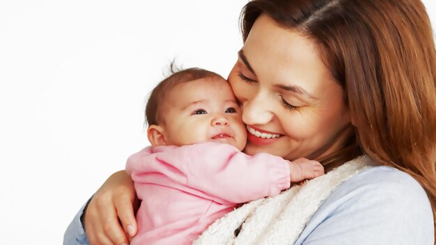 a mother and baby are smiling and holding their heads together