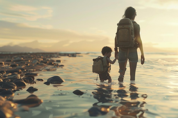 Mother and baby exploring the shoreline