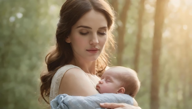 a mother and baby in a forest with a sky background