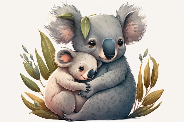 Mother and baby koala illustration of a cute grey animal